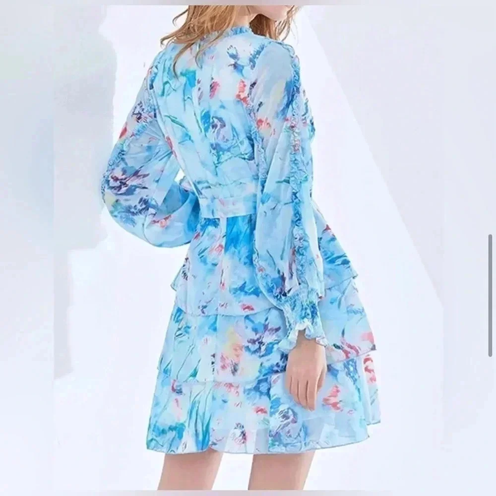 NWT Beulah Women's Tiered Floral Mini Dress S Ruffle Smocked Wrist long sleeve